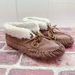 Moccassin Slippers Women Size 7‎ Suede w/ Sherpa Lined Booties Tan Ankle Booties